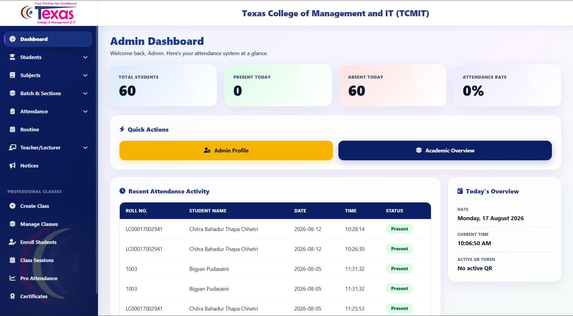 Texas College attendance system admin dashboard
