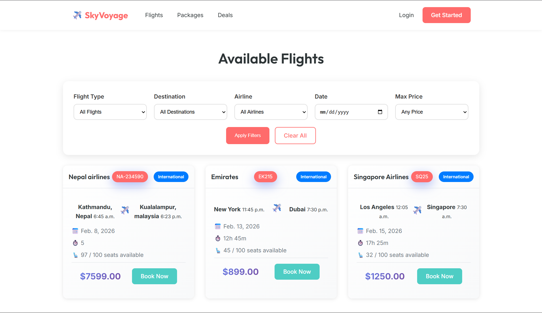 Flight ticket booking system available flights page