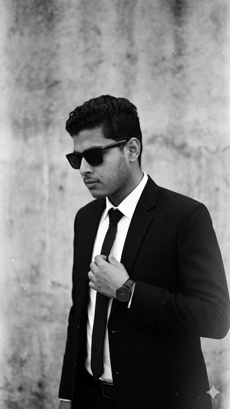 Black and white portrait of Om Prakash Pant in a suit